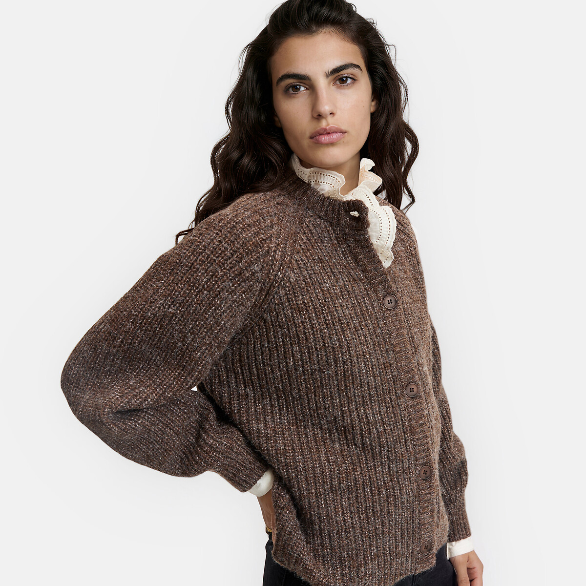 Cardigan col rond côtelé marron, LA REDOUTE COLLECTIONS