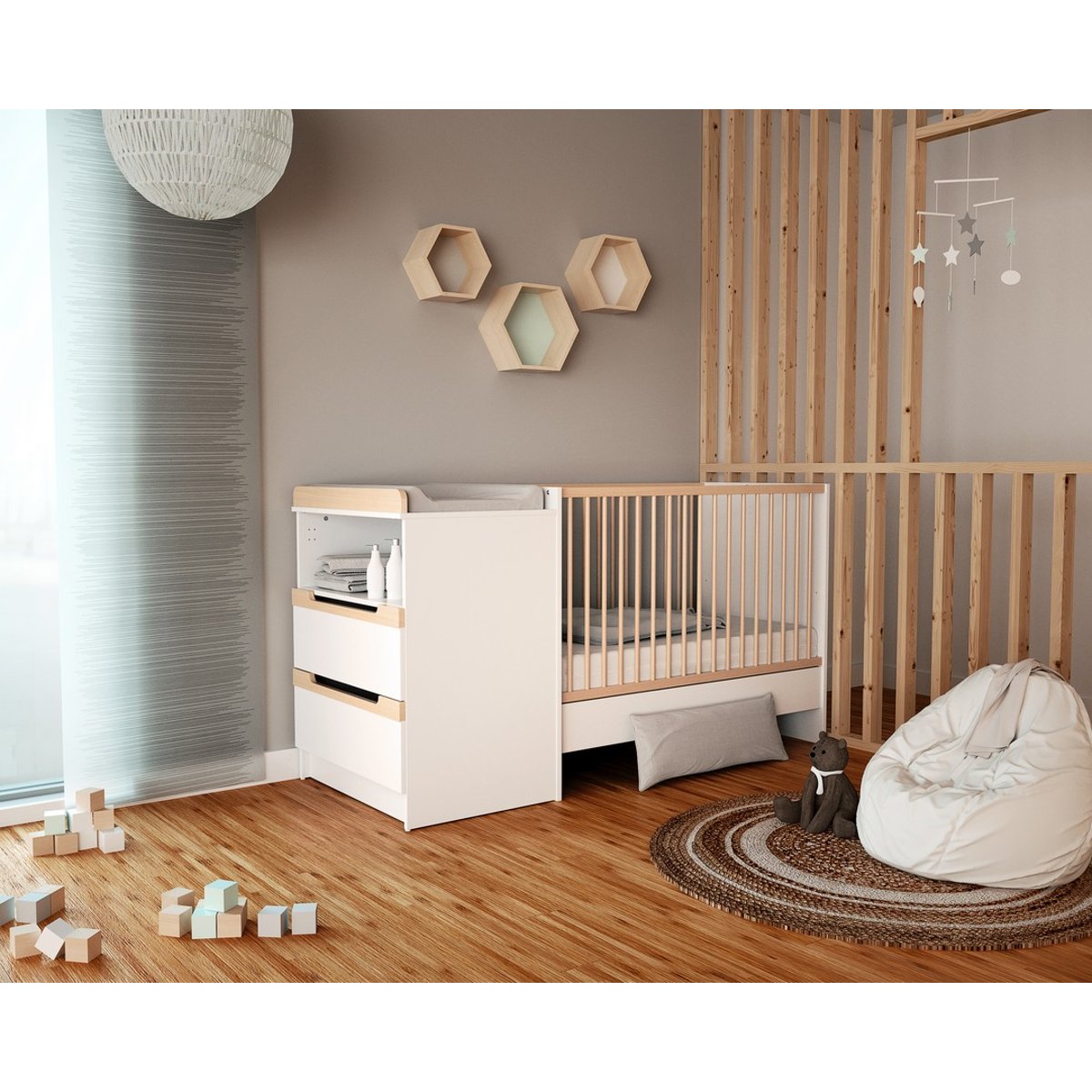 Combiné lit bébé évolutif en bois CARROUSEL blanc et hêtre verni, JURABABY