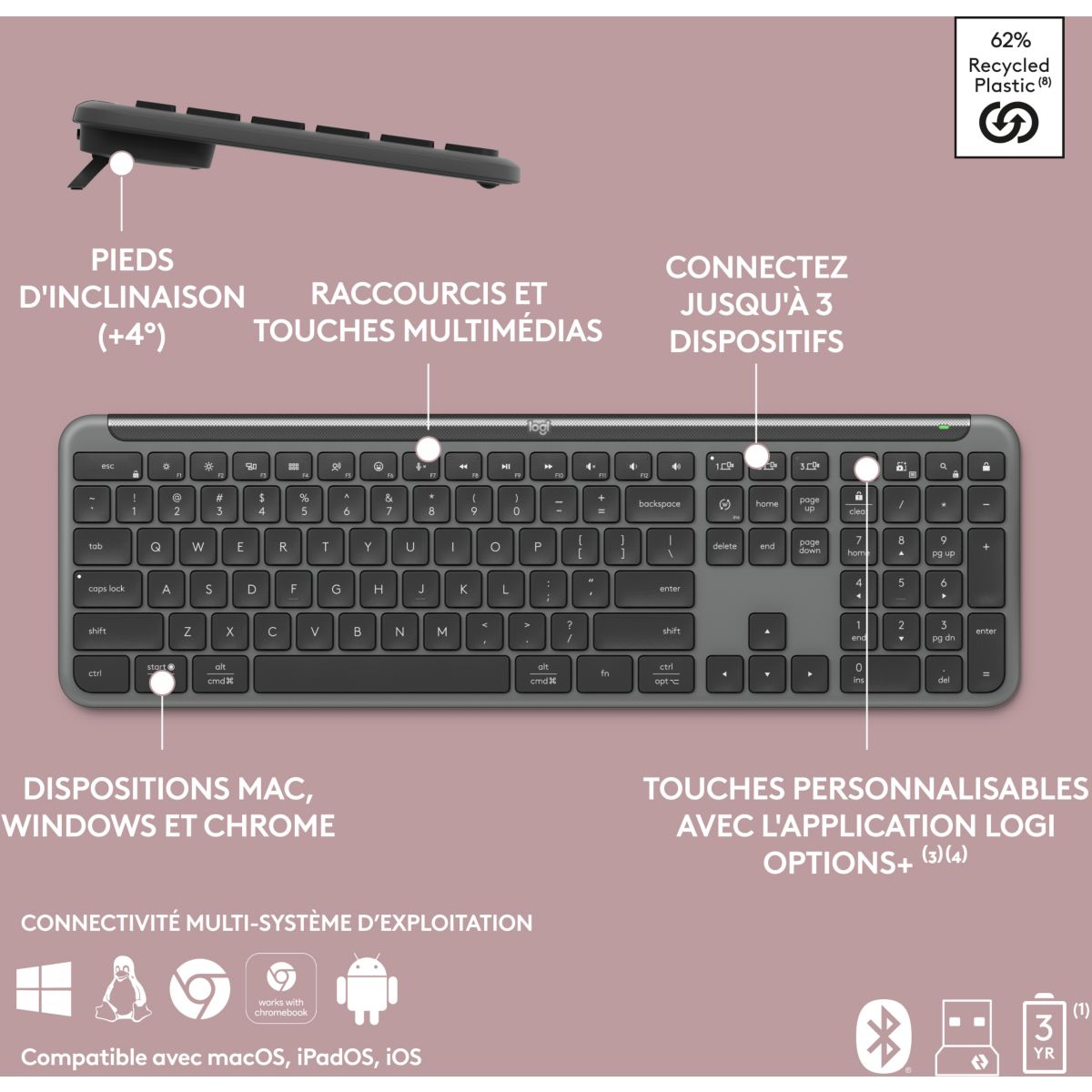 Clavier + Souris MK950 Signature Slim Bluetooth Graphite couleur unique, LOGITECH
