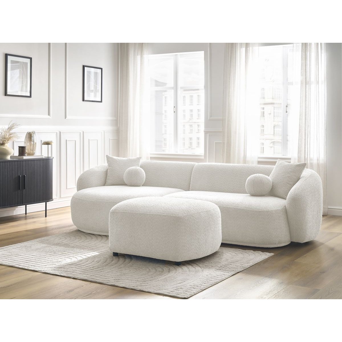 Canapé d'angle fixe 4 places en tissu bouclette avec pouf, ASHLEY blanc, BOBOCHIC