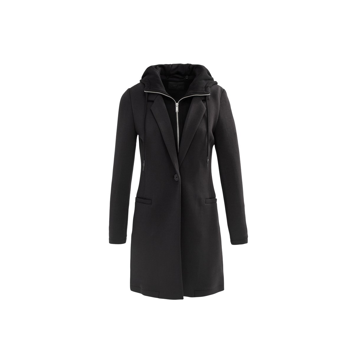 Manteau mi-long en néoprène capuche amovible noir, IKKS