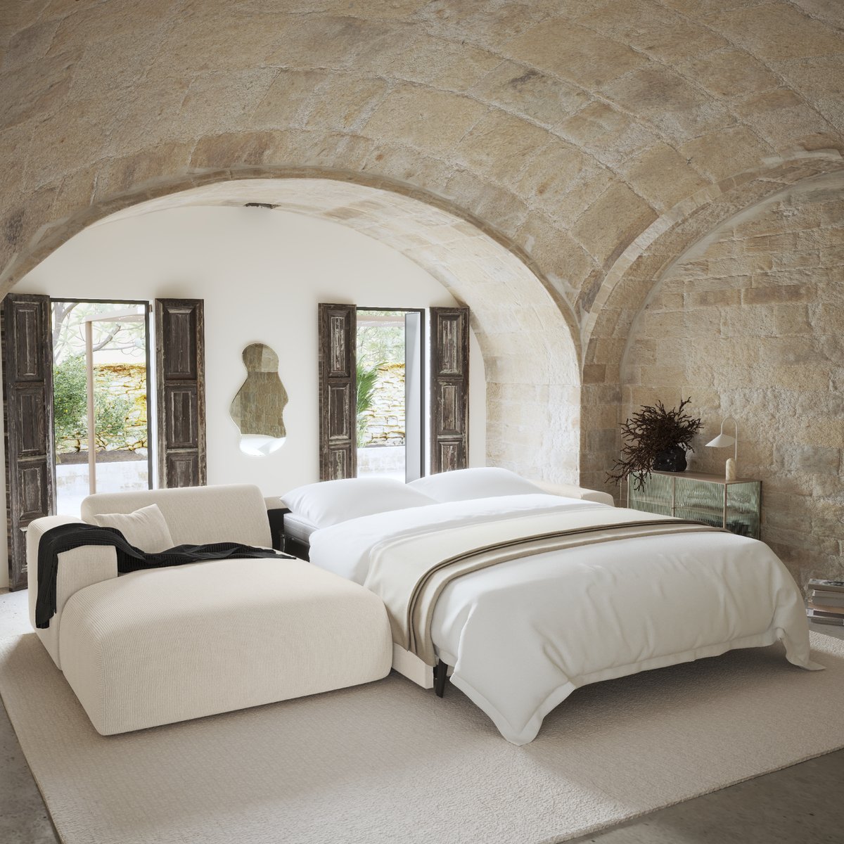 Canapé angle gauche convertible 5 places en velours côtelé MYRA crème, SIA HOME