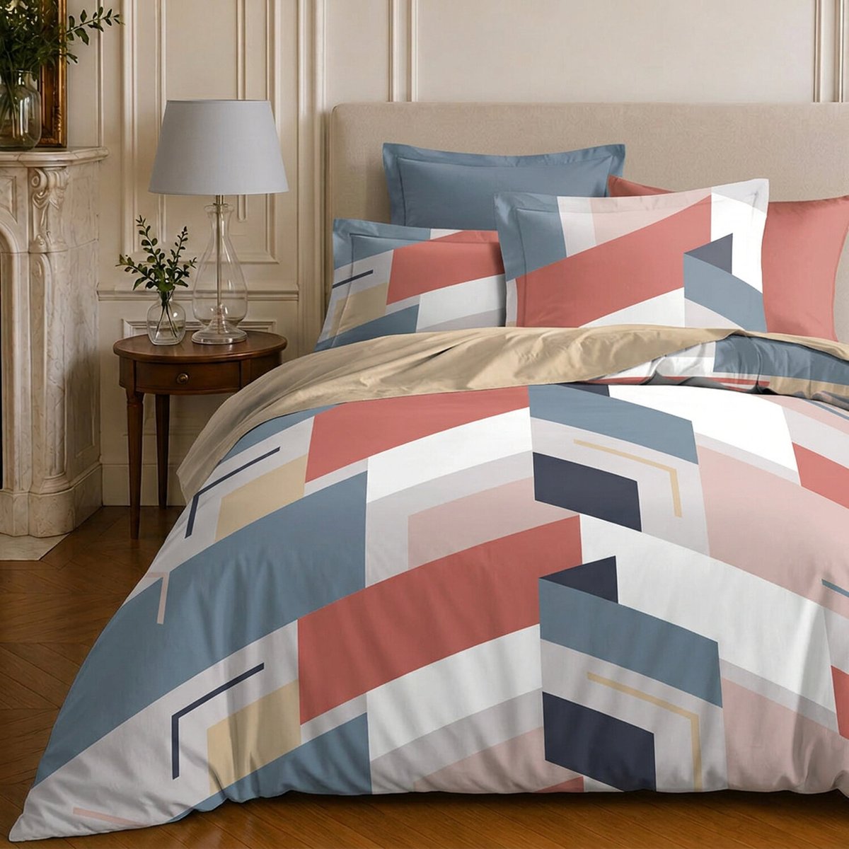 Parure de lit en microfibre motif géométrique, PEPITE corail, C DESIGN HOME TEXTILE