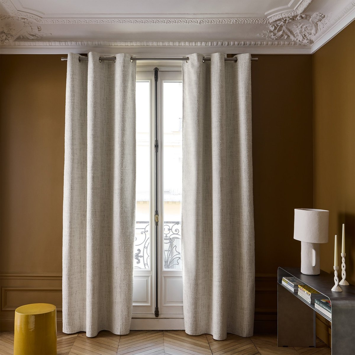 Rideau Oeillets Doublé Occultant en Jacquard effet tweed bouclé MERYBELLE ivoire, MADURA
