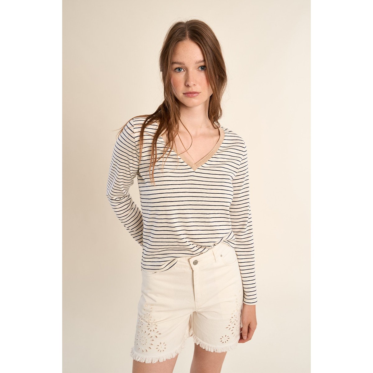 T-shirt marinière, col V offwhite/navy blue, MOLLY BRACKEN