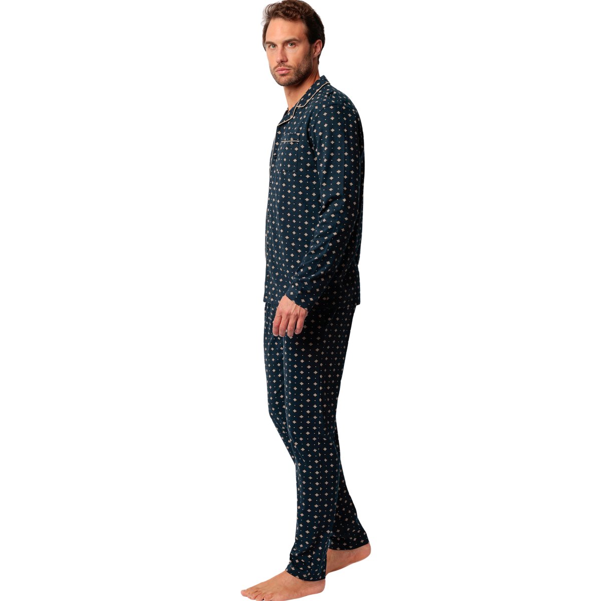 Pyjama pantalon chemise manches longues Classic Tie bleu marine, ADMAS