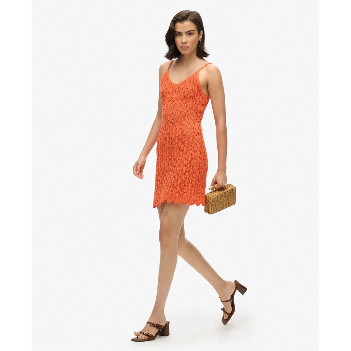 Robe courte caraco en crochet corail chaud, SUPERDRY