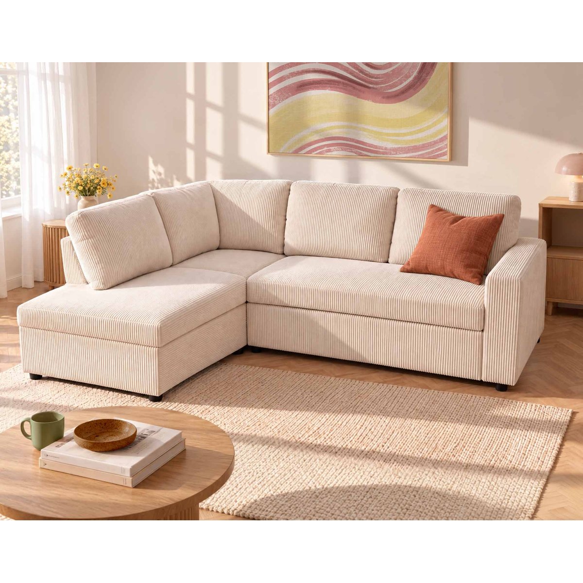 Canapé d'Angle Convertible en Velours côtelé 5 places - MEIYA beige, BEST MOBILIER