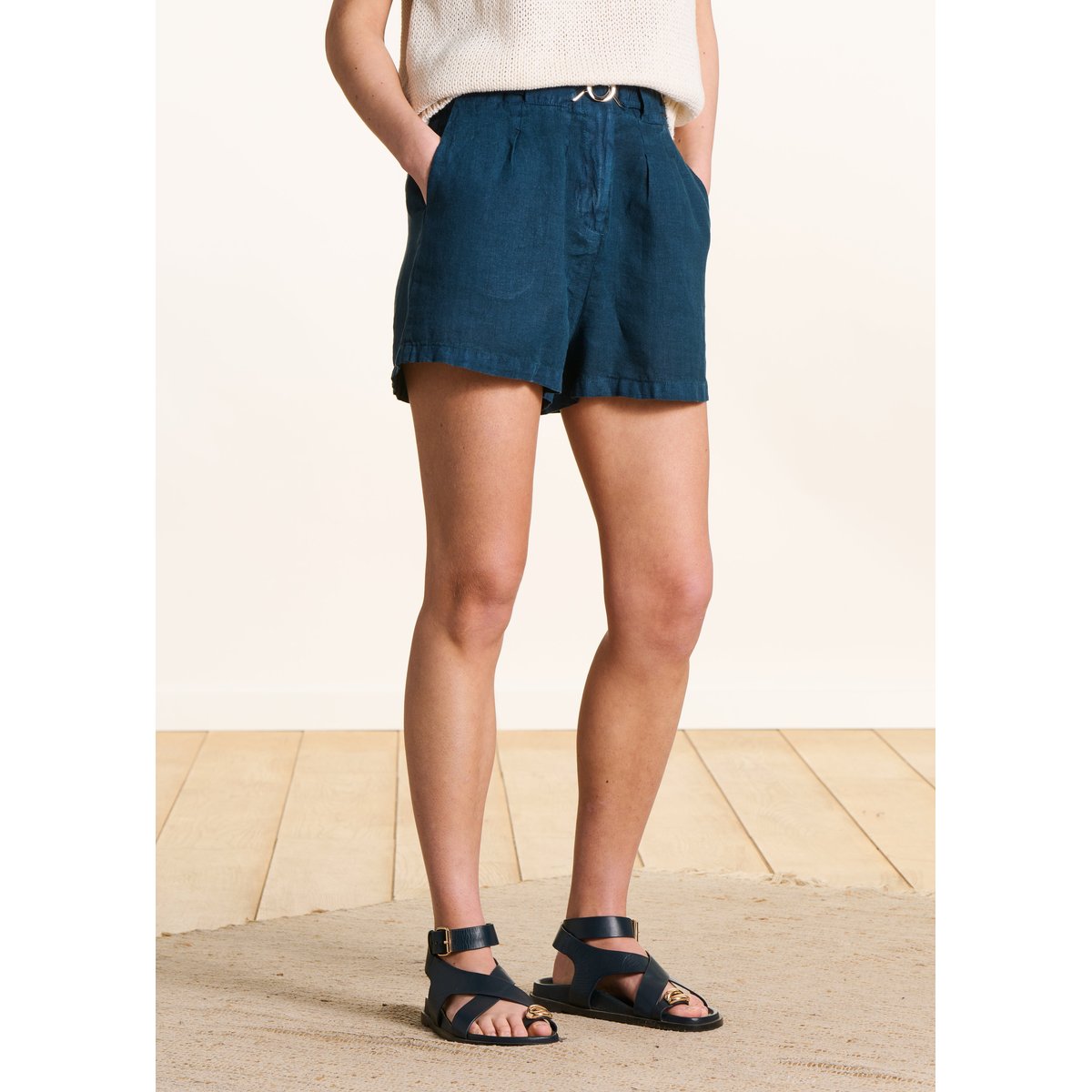 Short large en lin ceinturé petrole, LA FEE MARABOUTEE