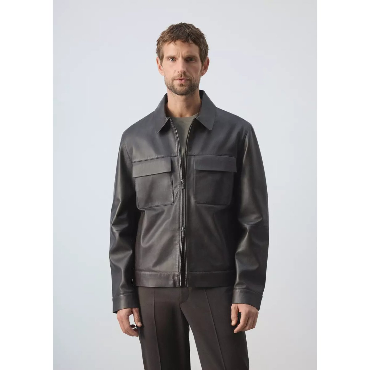 Blouson 100 % cuir poches chocolat, MANGO MAN