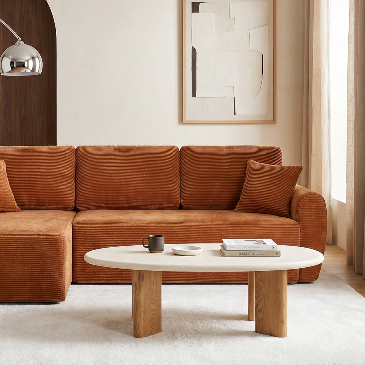 Table basse organique effet béton et bois L130cm- SYLINA beige, DRAWER