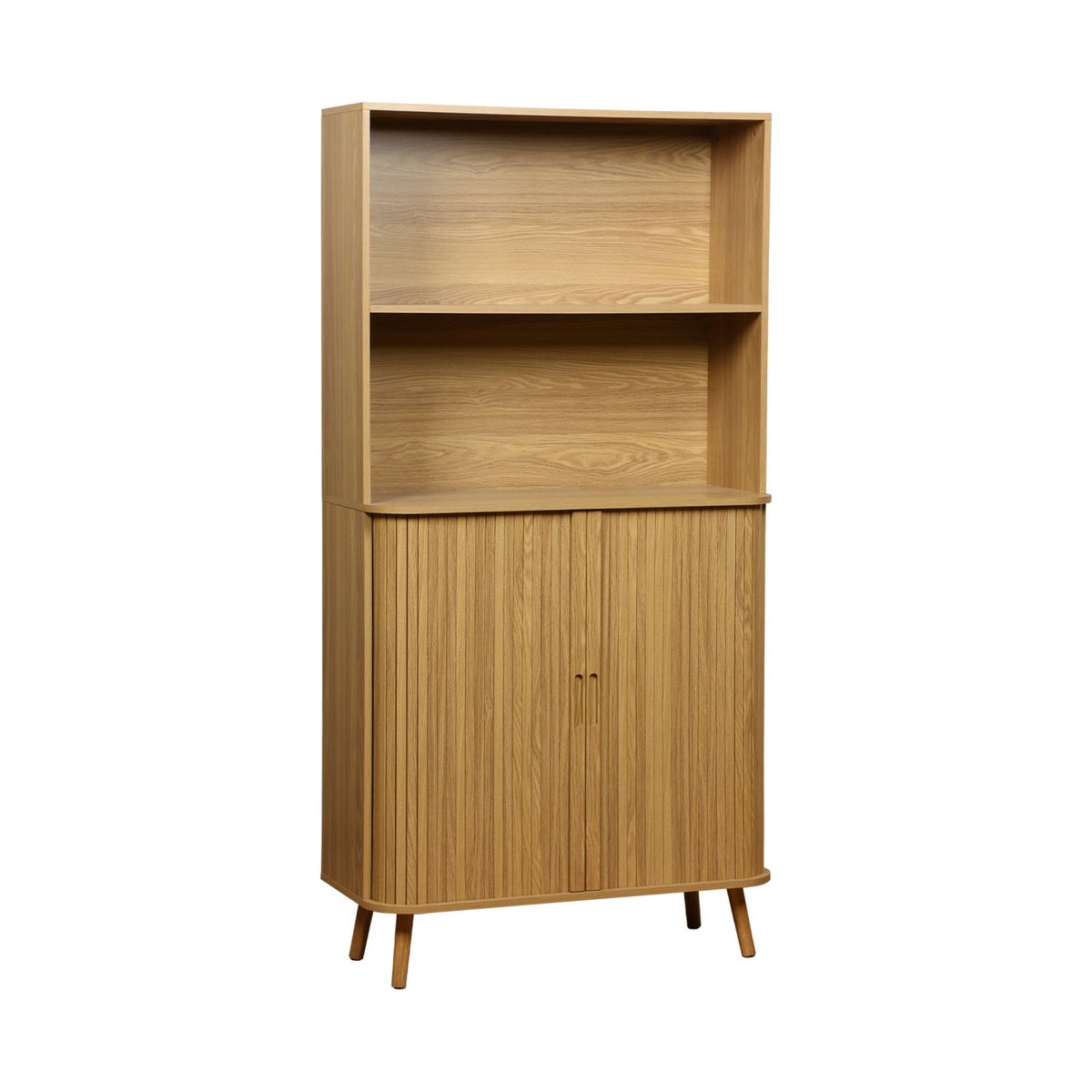 Etagère bibliothèque décor bois rainuré 2 portes coulissantes 4 niveaux LEGACY naturel, SWEEEK