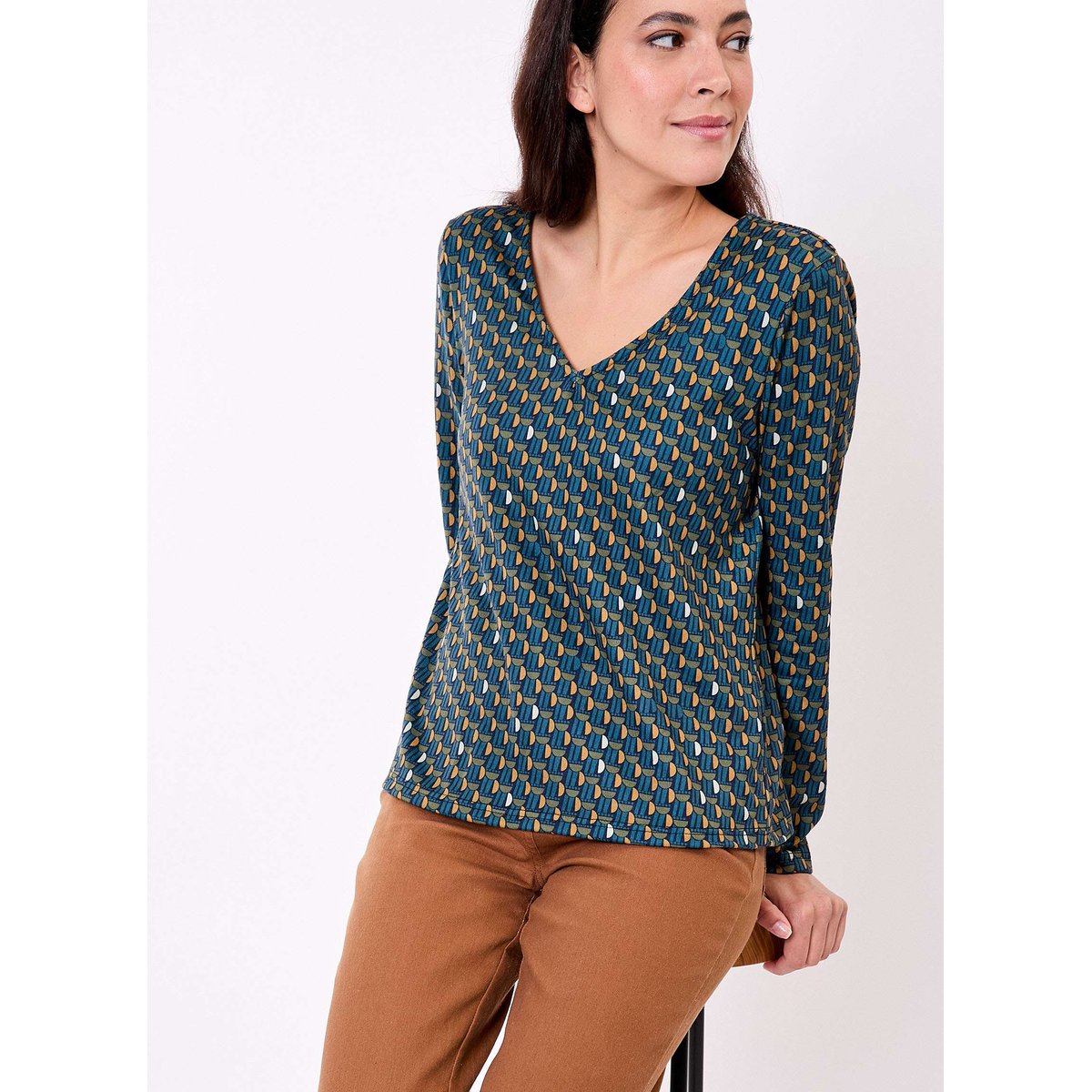 T-shirt fluide col V maille PLUME bleu octopus, LA FIANCÉE
