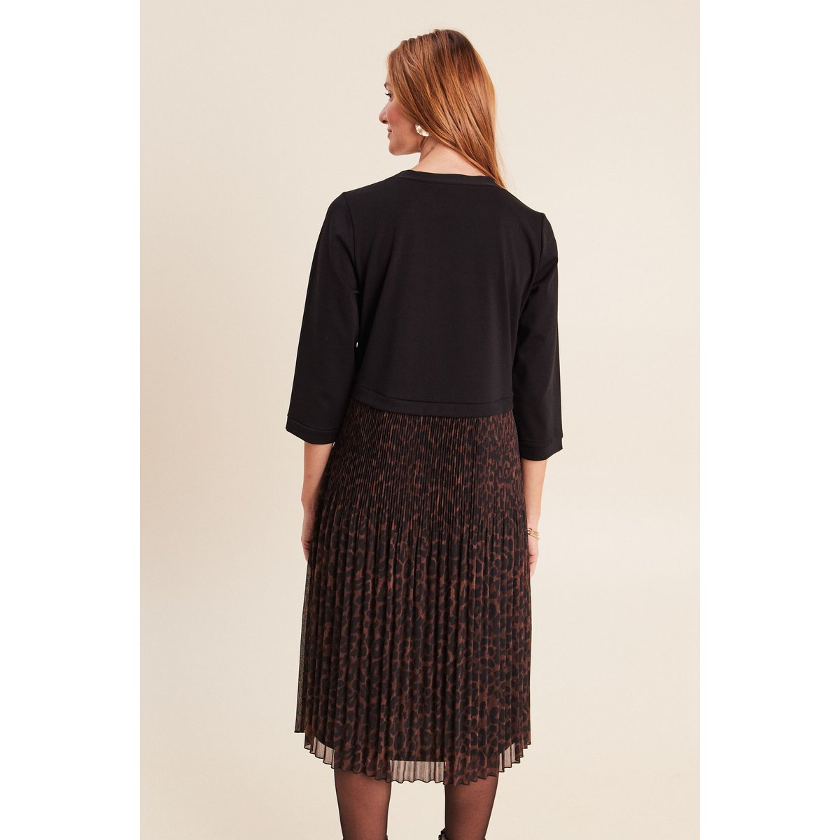 Robe bi-matière évasée col rond marron, BREAL
