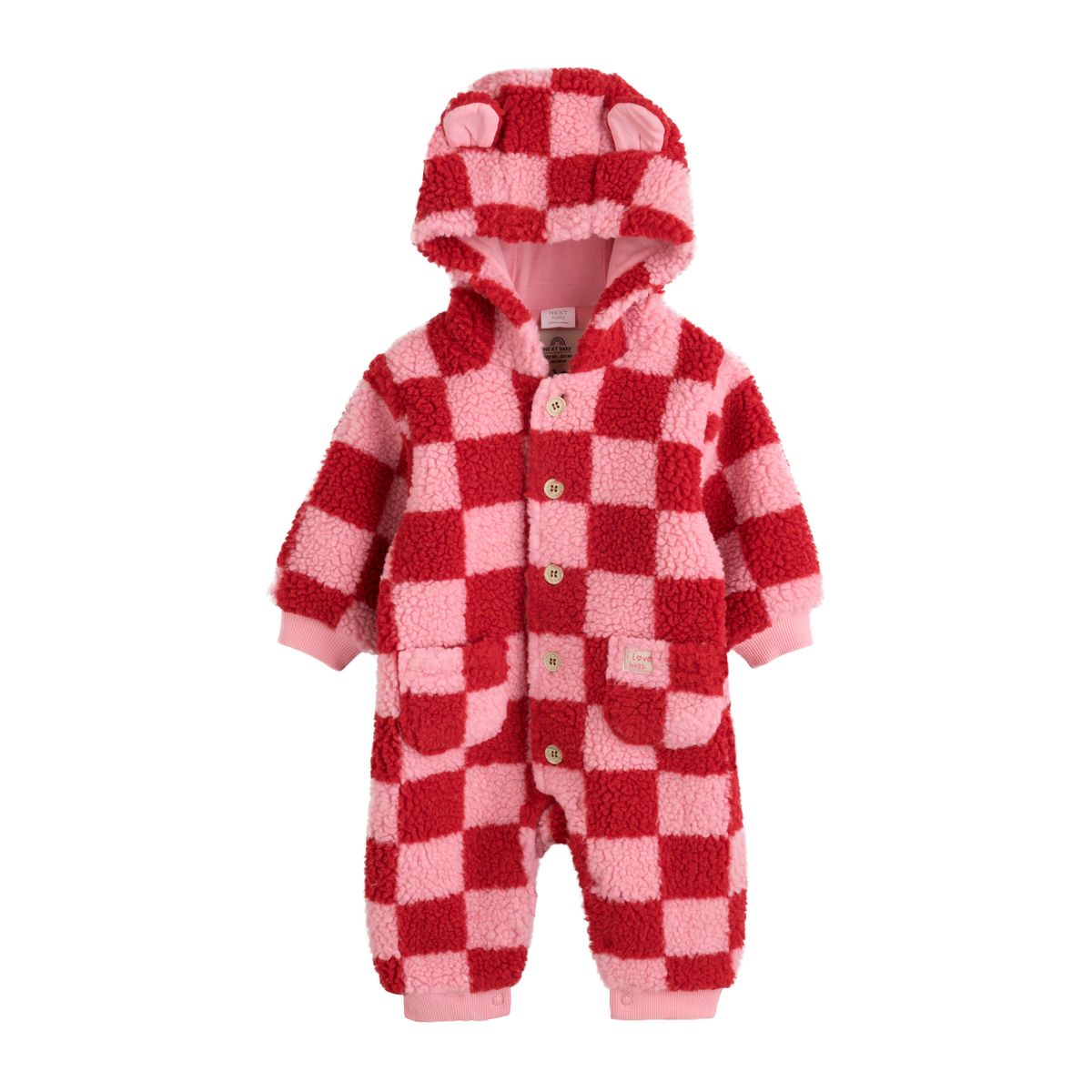 Combinaison à capuche pour bébé en borgana damier rose et rouge, NEXT