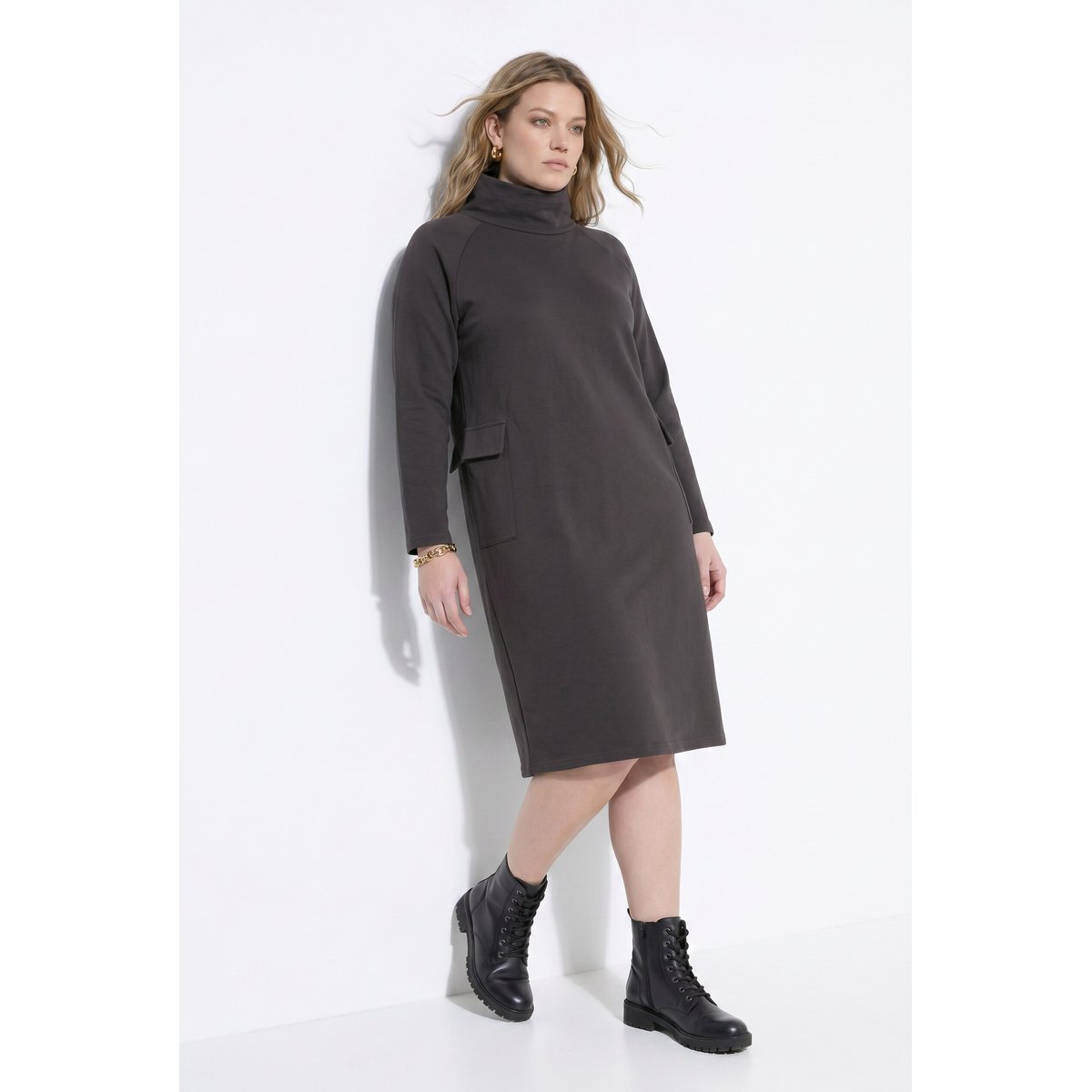 Robe midi en molleton, poches noir marron, ULLA POPKEN