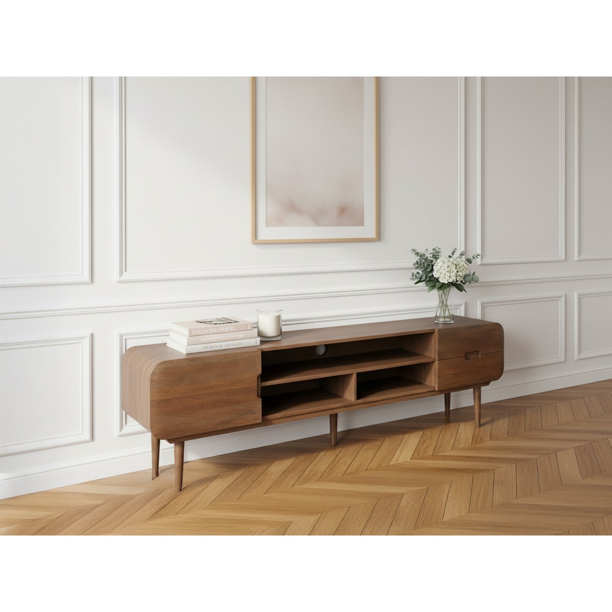 Meuble TV 180 cm bois massif, BRUNE marron foncé, BOBOCHIC
