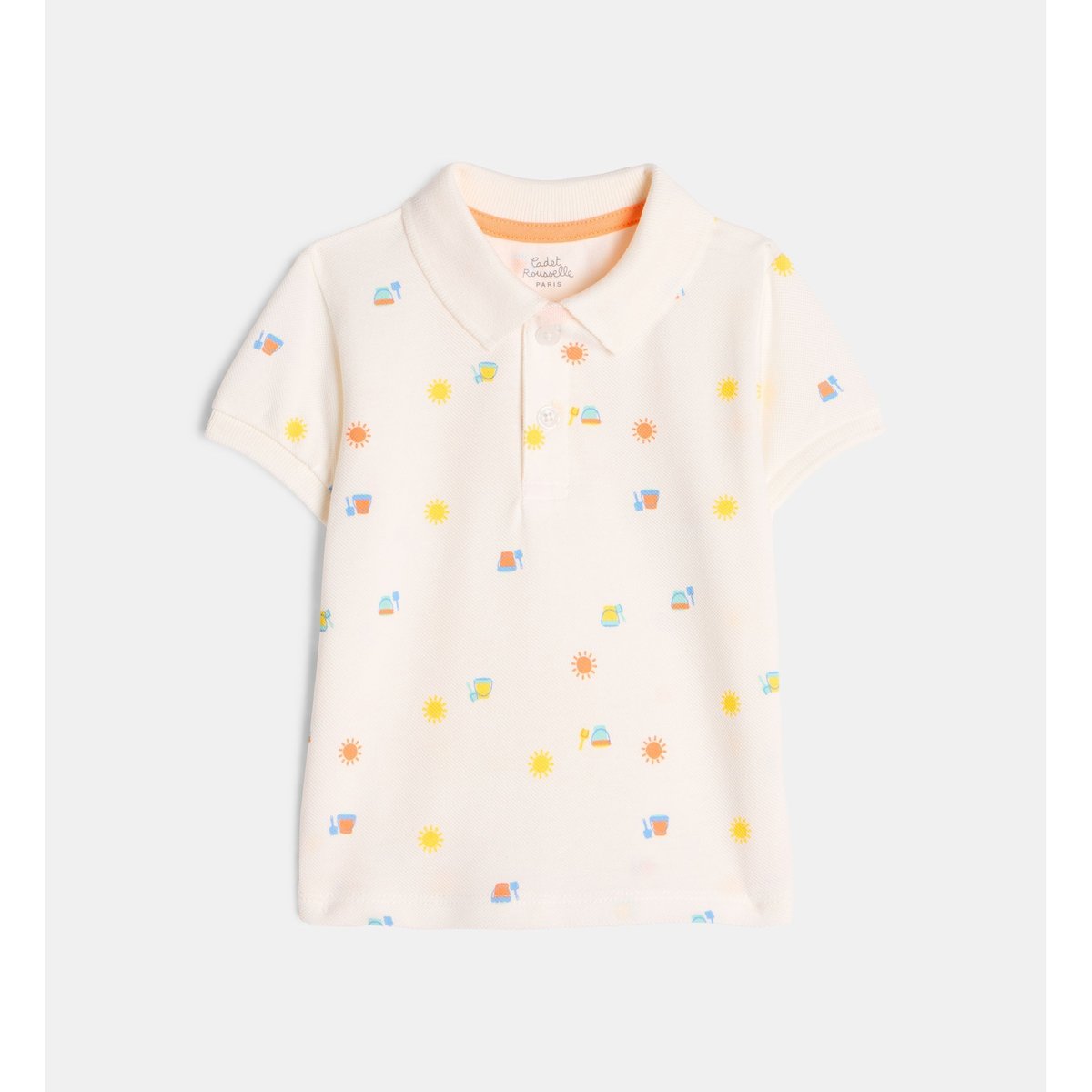Polo droit marty motifs en coton bio piqué écru et multicolore, CADET ROUSSELLE