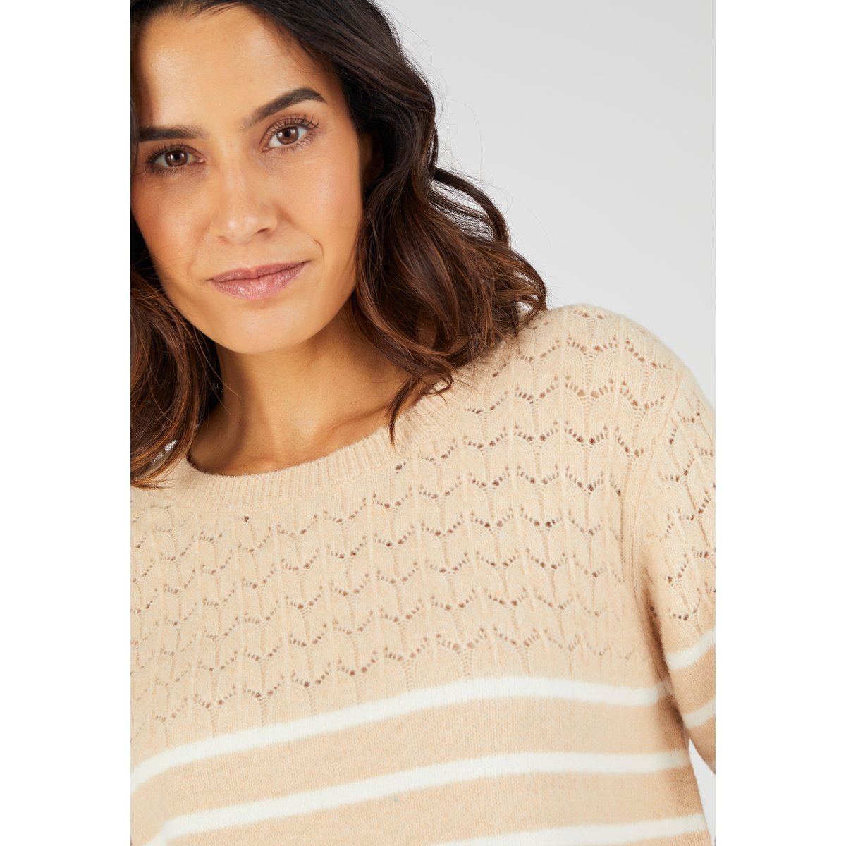 Pull rayures et maille ajourée Thermolactyl marron beige rayé, DAMART