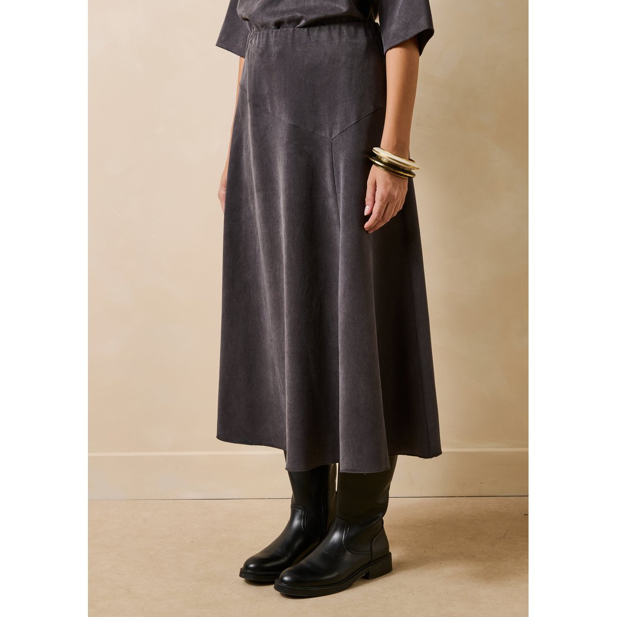 Jupe longue évasée en satin de lyocell anthracite, LA FEE MARABOUTEE