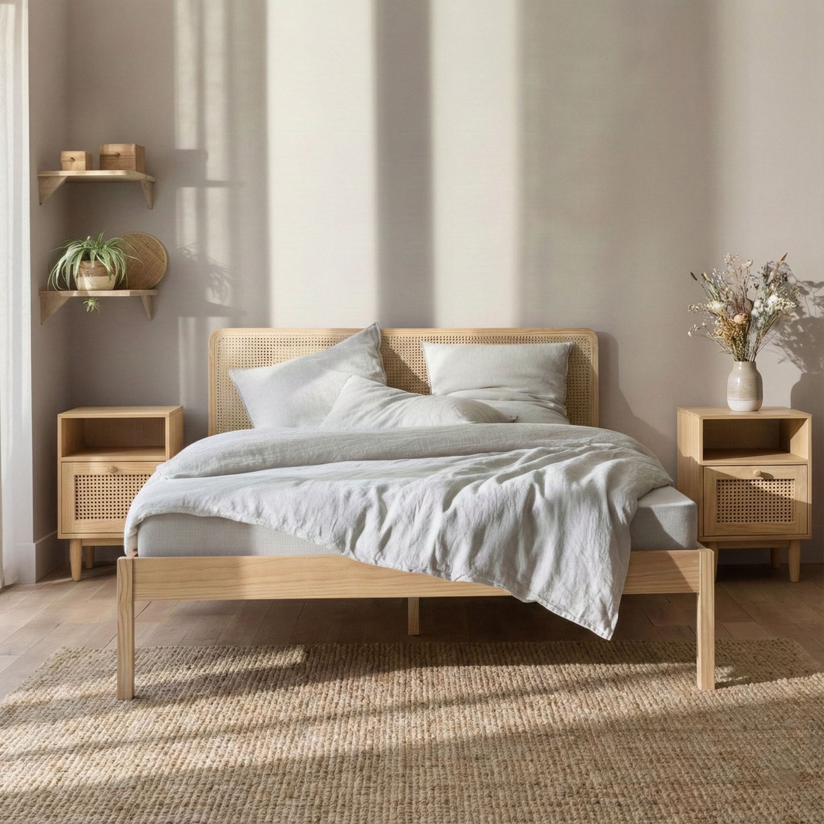 Lit en pin massif avec tête de lit et 2 chevets cannage - ANNA bois naturel, TERRE DE NUIT