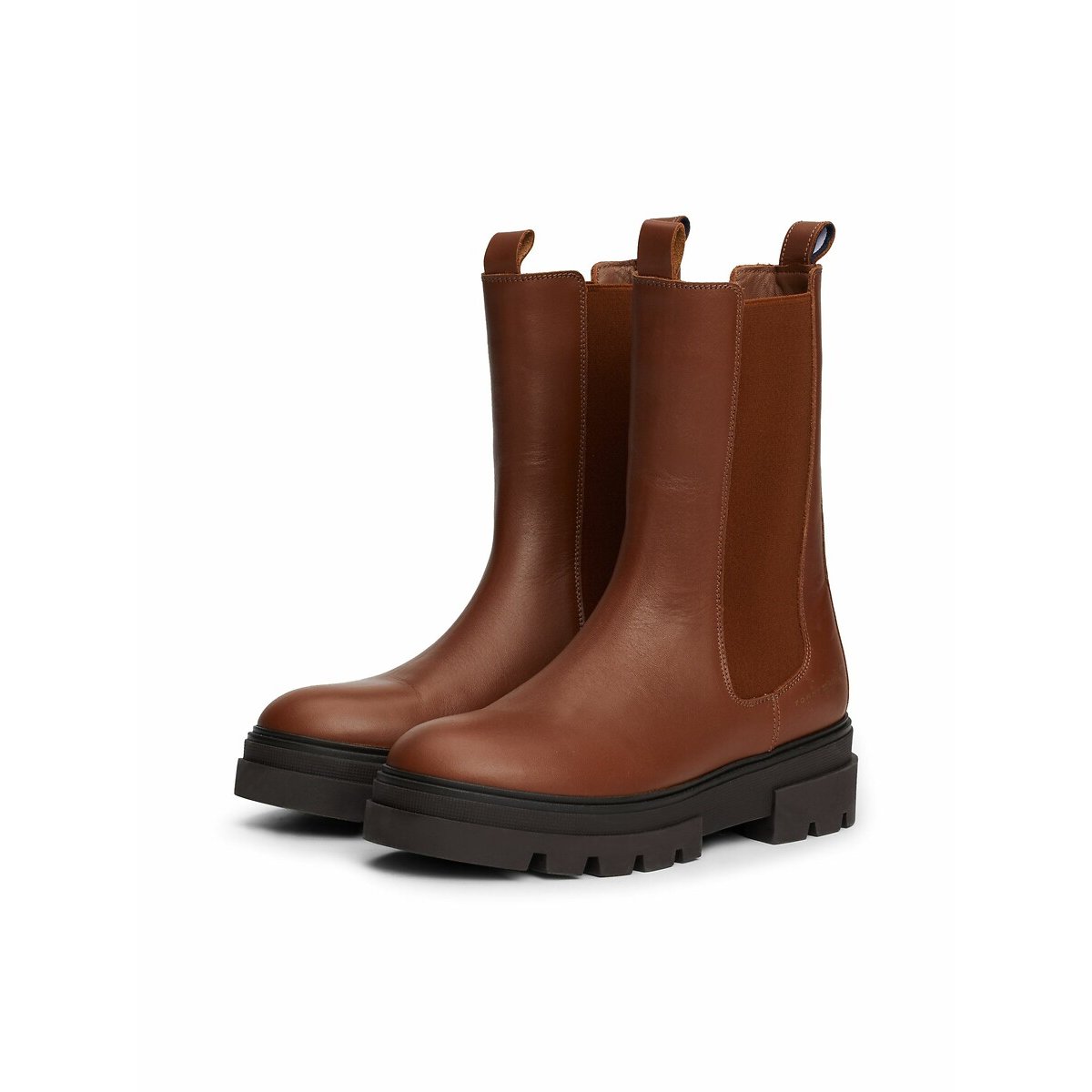 Stivaletti in pelle con bande elastiche e tacco piatto cognac, TOMMY HILFIGER