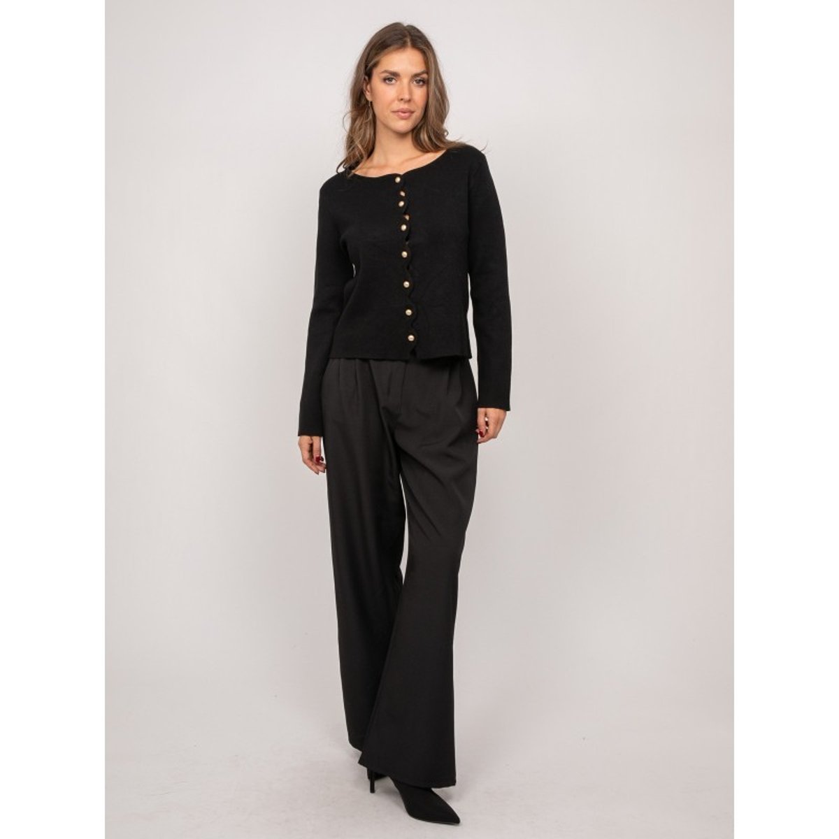 Gilet Maille Boutonné Bordure Festonnée Kytten noir, DONA LISA
