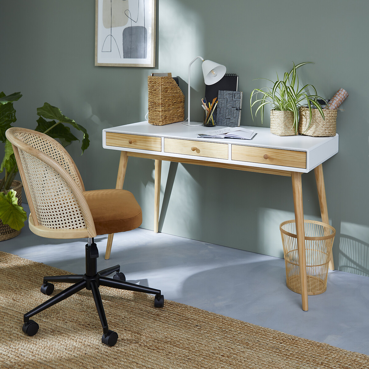 Jimi Desk with 3 Drawers white/wood, LA REDOUTE INTERIEURS
