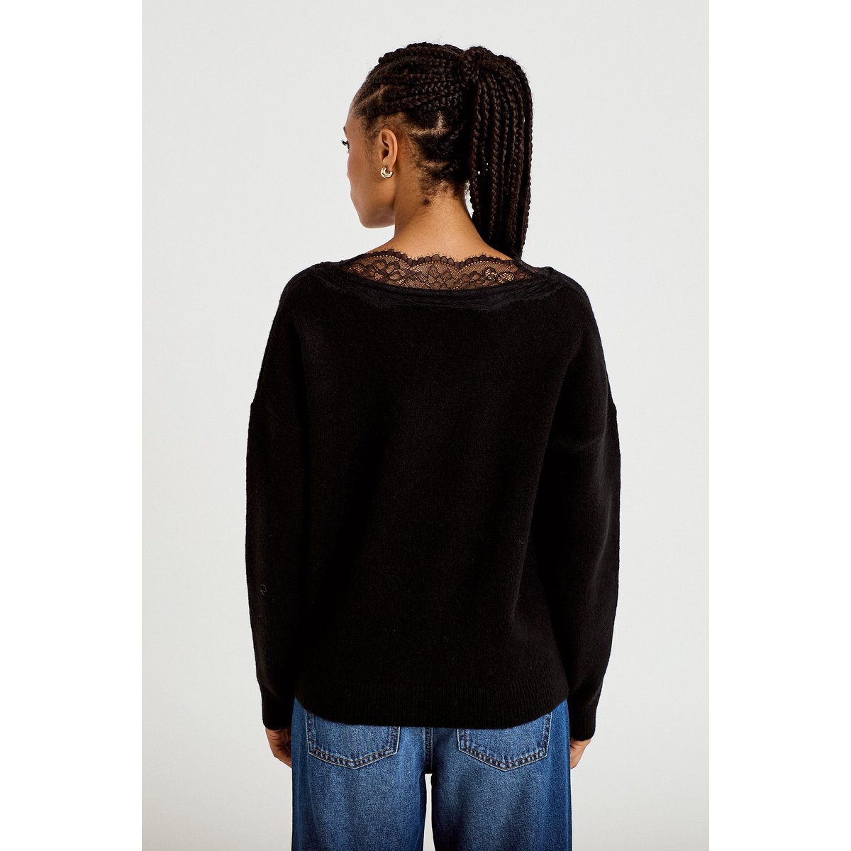 Pull col v manches longues dentelle noir, CACHE CACHE