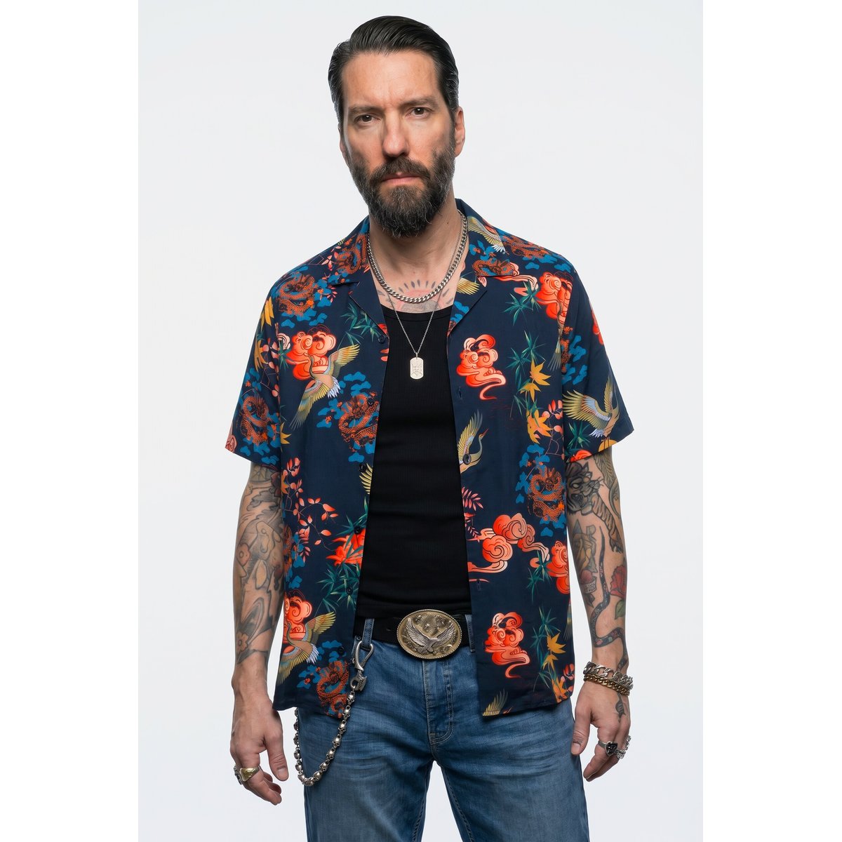 Chemise dans un imprimé all-over bleu marine, JP1880