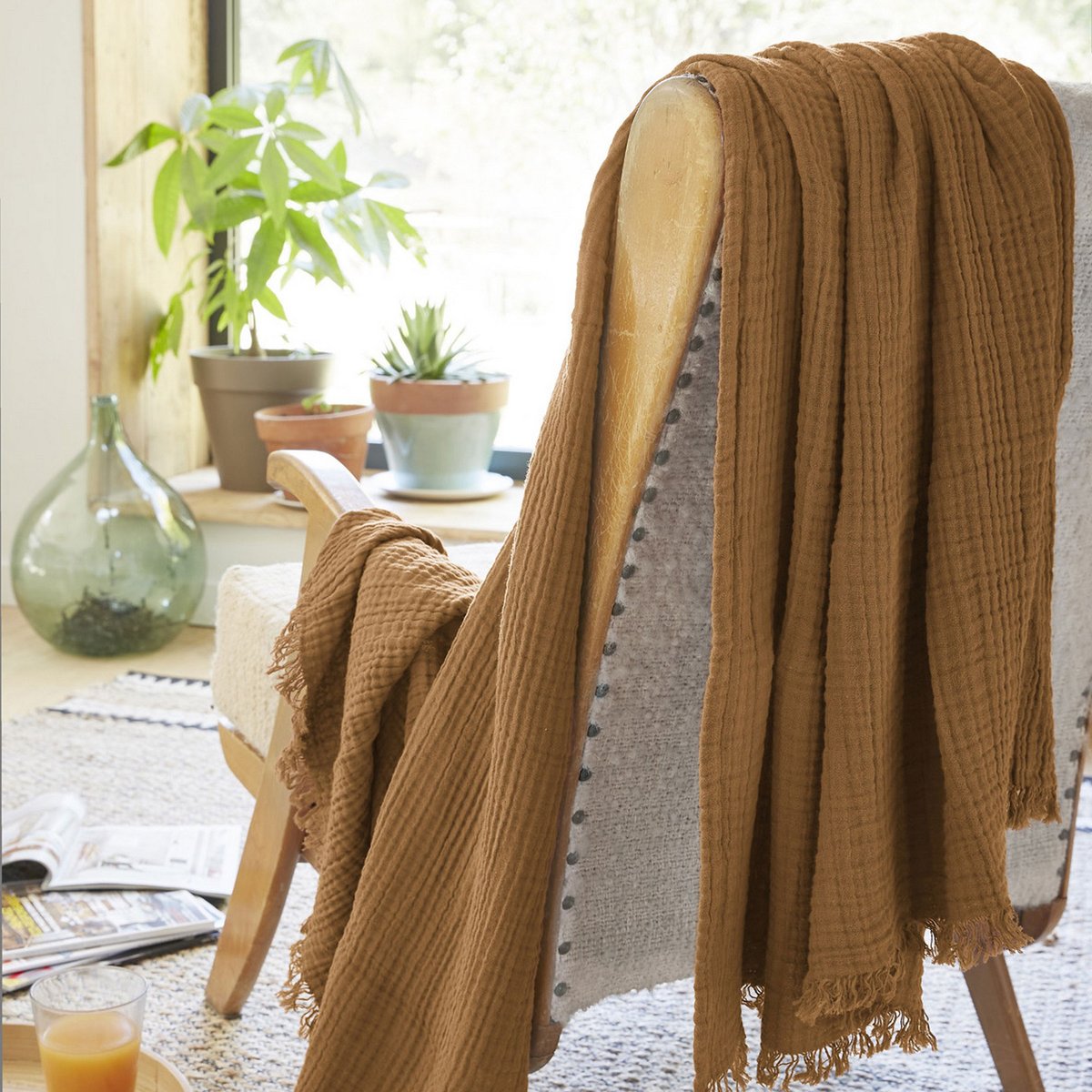 Plaid à franges, en 100% gaze de coton camel, EDEN