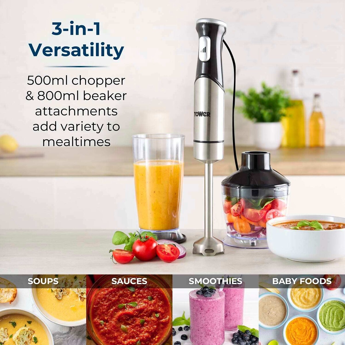 3-in-1 1200W Hand Blender - T12099 silver-coloured, TOWER