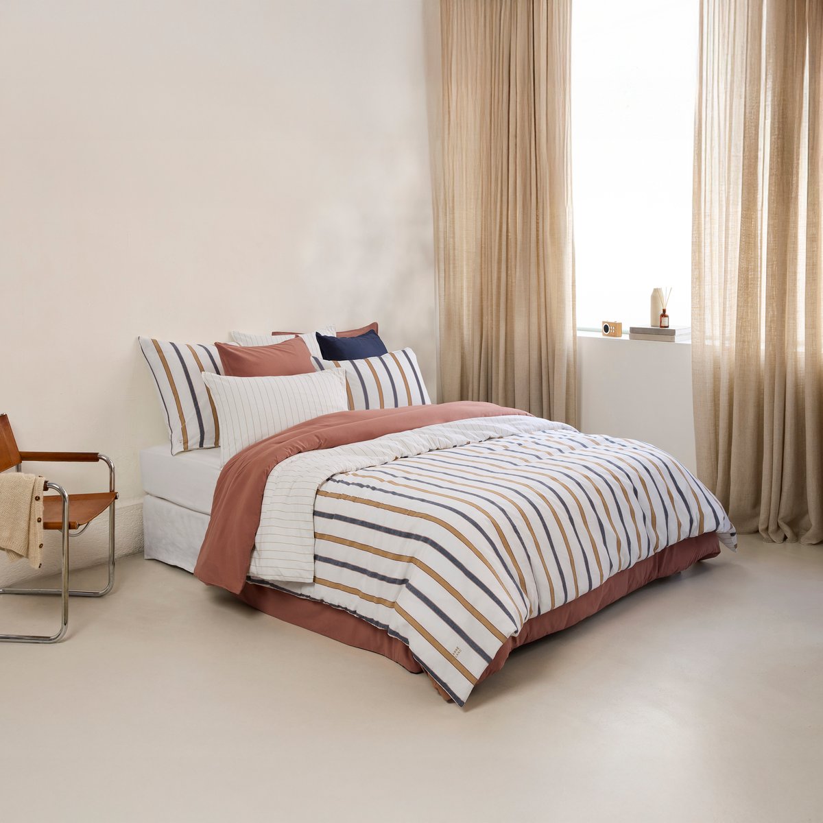 Housse de couette coton ORIGINE ivoire rayure bicolore, CARRE BLANC