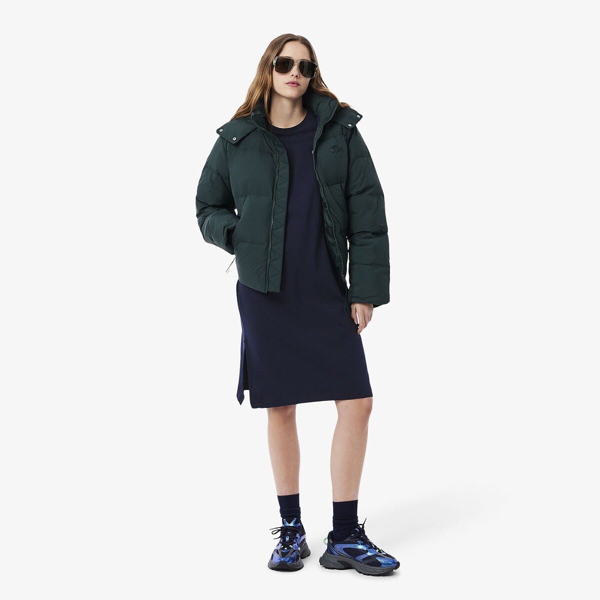 Robe courte, col rond, manches courtes marine, LACOSTE