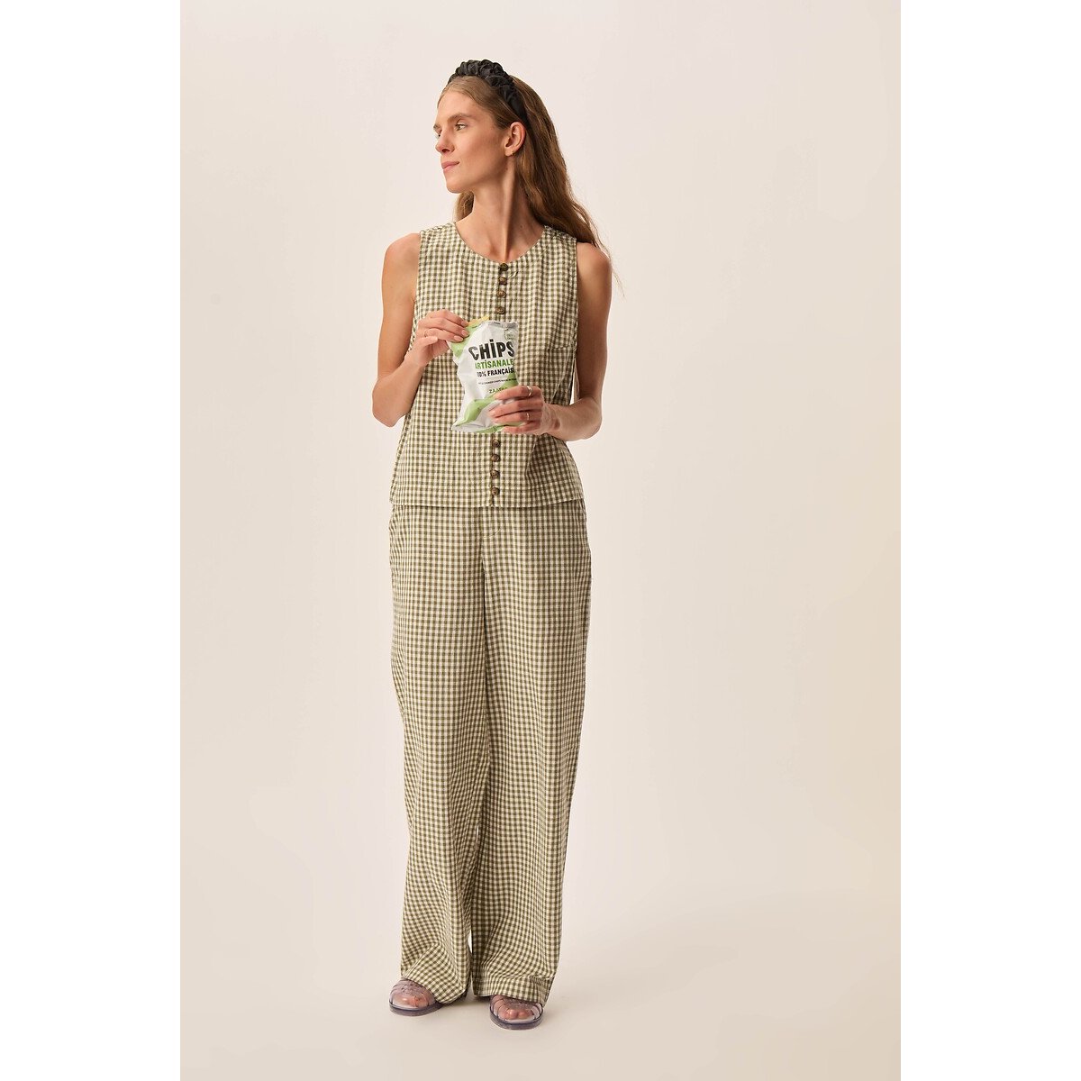 Pantalon large à carreaux vichy, UGUETA vert, DES PETITS HAUTS