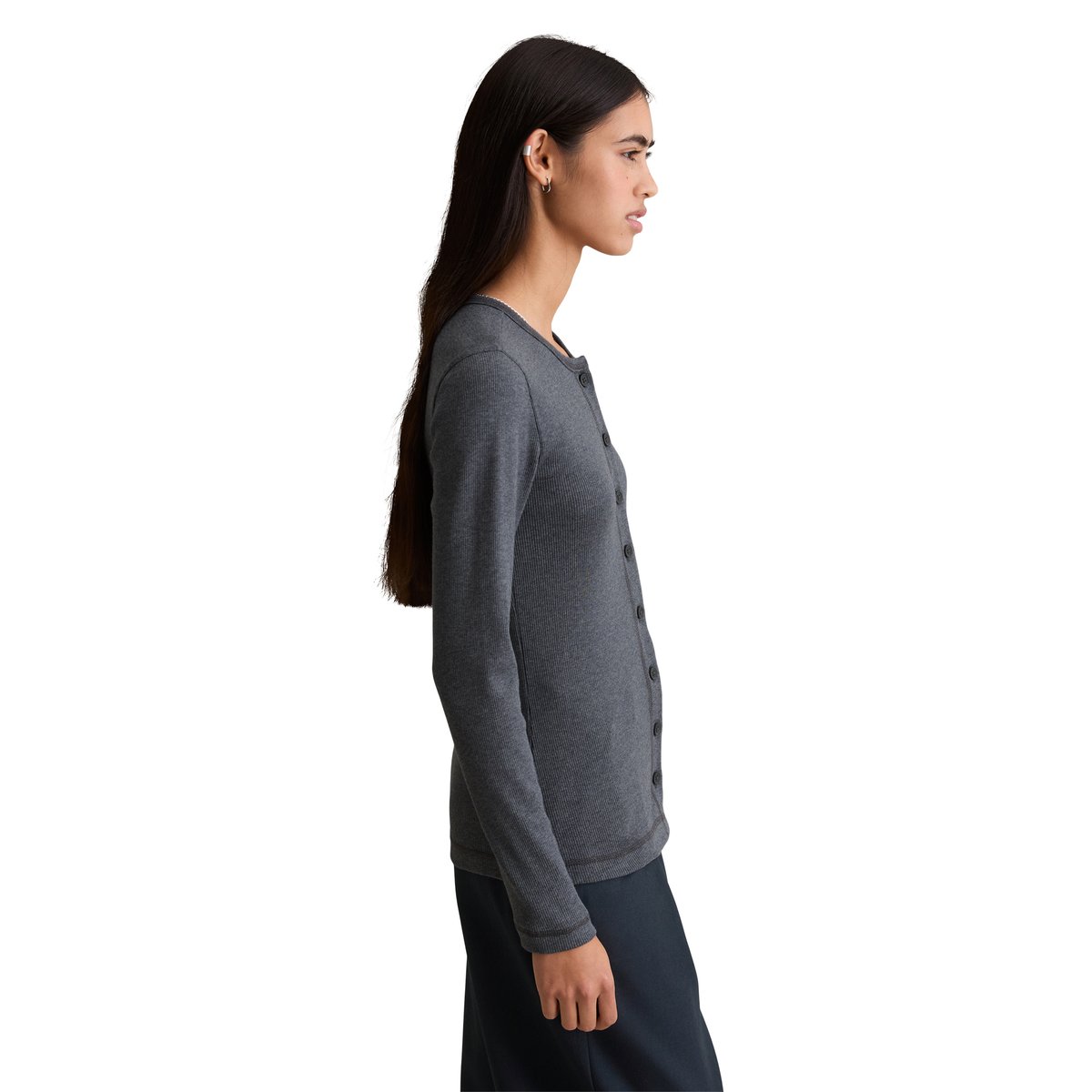 T-shirt long avec patte de boutonnage slim en jersey côtelé gris, MARC O’POLO DENIM