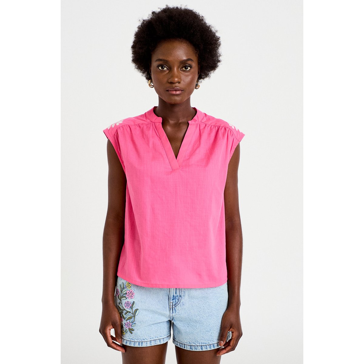 Blouse droite sans manches col v rose fushia, CACHE CACHE