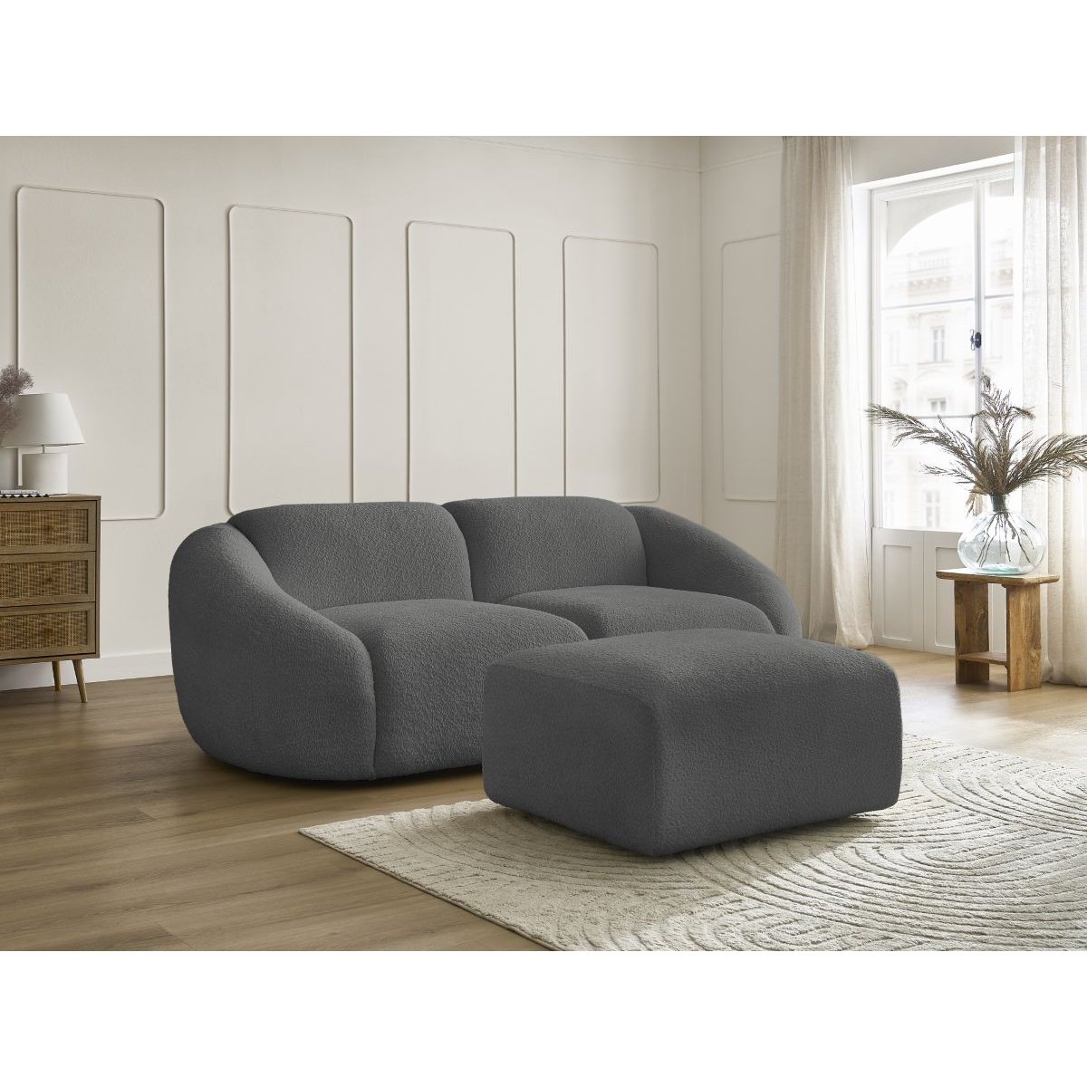 Canapé droit fixe 3 places en tissu bouclette avec pouf, TINA gris foncé, BOBOCHIC