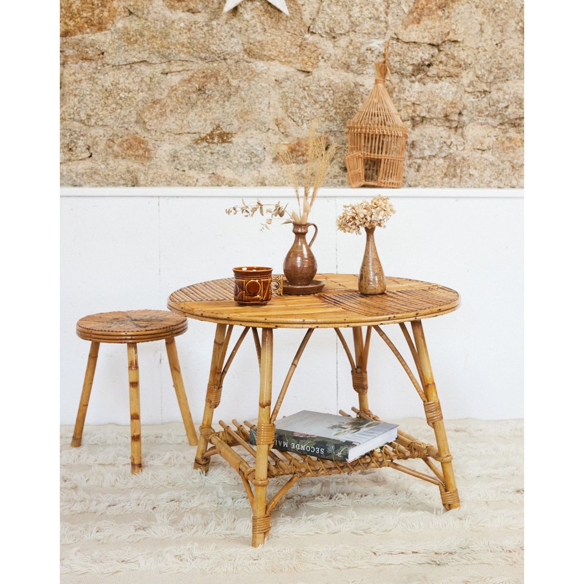 Table basse en rotin Léonie N°1020 - Bon état bois clair, DEBONGOUT
