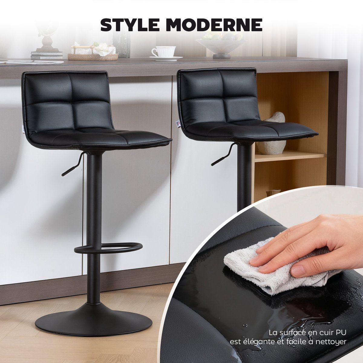 Tabouret de bar PU Noir noir, HOMCOM