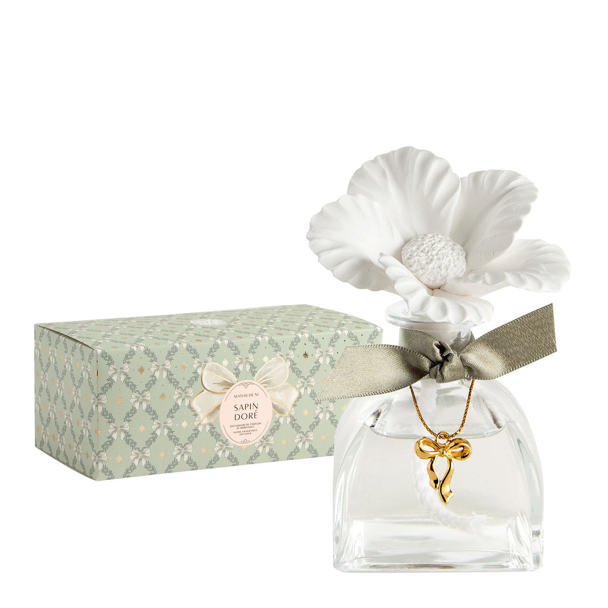 Diffuseur de parfum soliflore Sapin Doré RUBANS DE FÊTE transparent, MATHILDE M