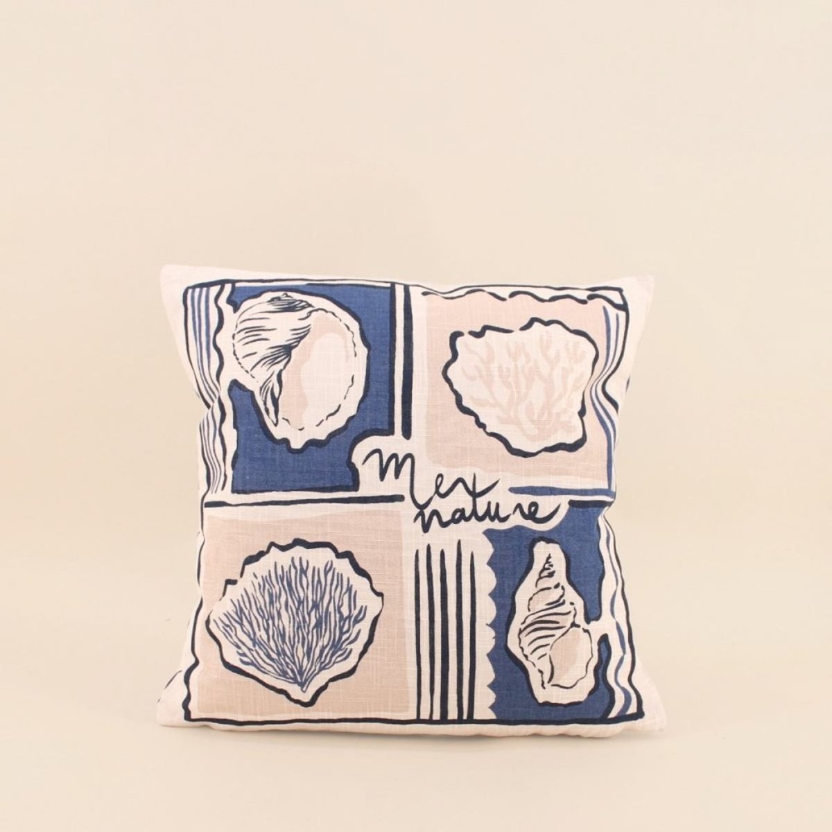 Coussin en coton flammé imprimé coquillages 40x40cm bleu, ORNAMI