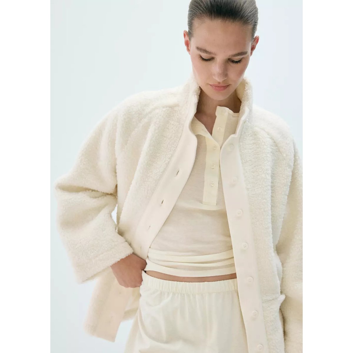 Cardigan effet mouton à boutons ivoire, MANGO