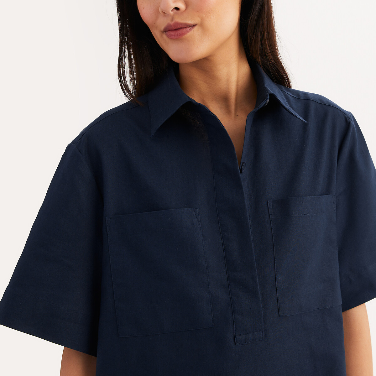 Abito dritto a maniche corte in lino e cotone blu marino, ANNE WEYBURN