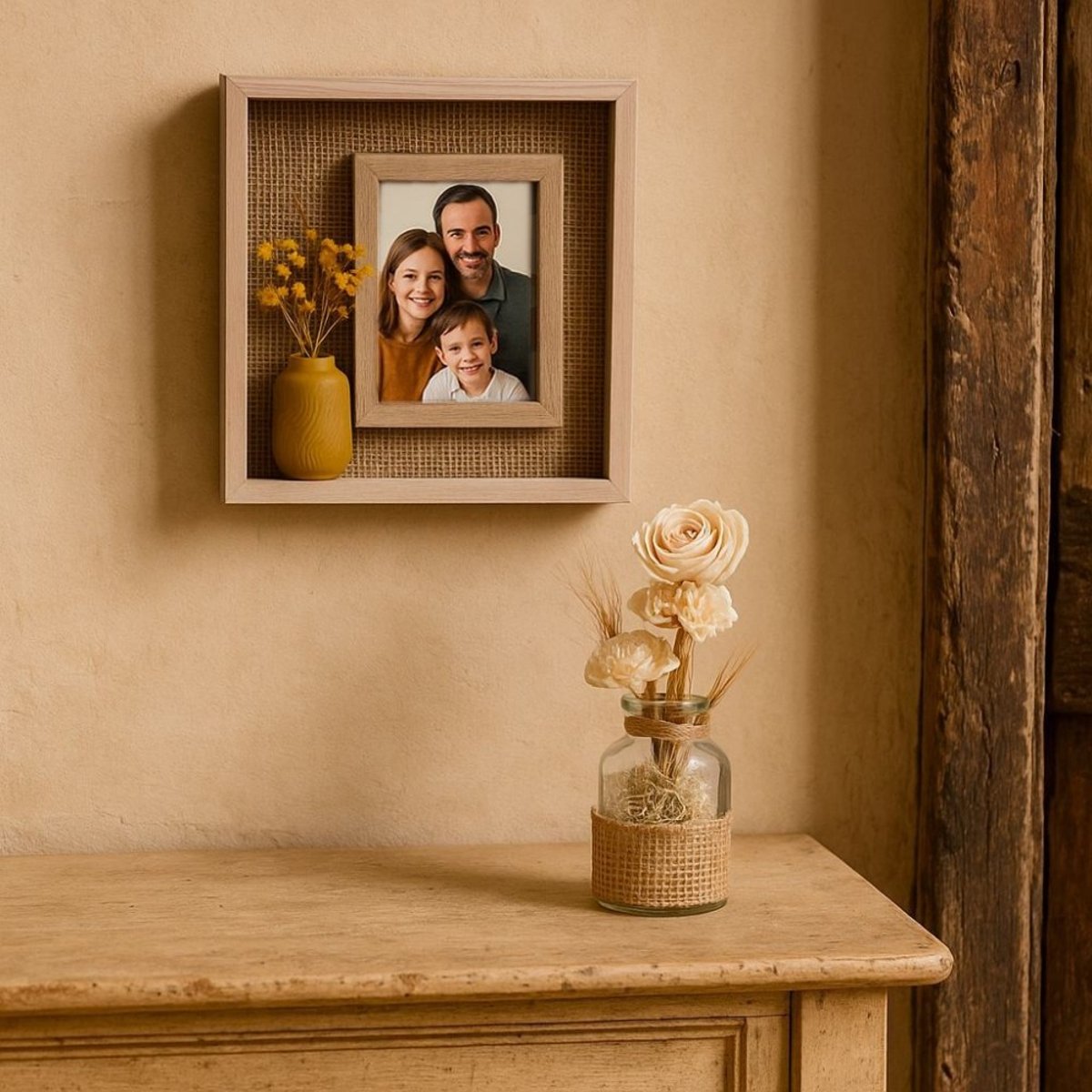 Cadre photo avec fleurs sécheés 24x22cm naturel, ORNAMI