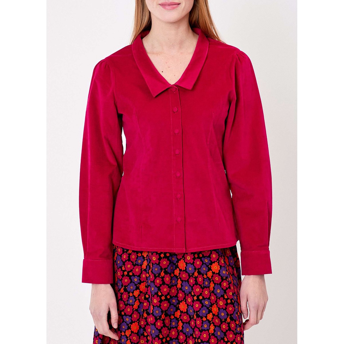 Chemisier velours côtelé col V VICTOIRE rouge framboise, PRINCESSE NOMADE
