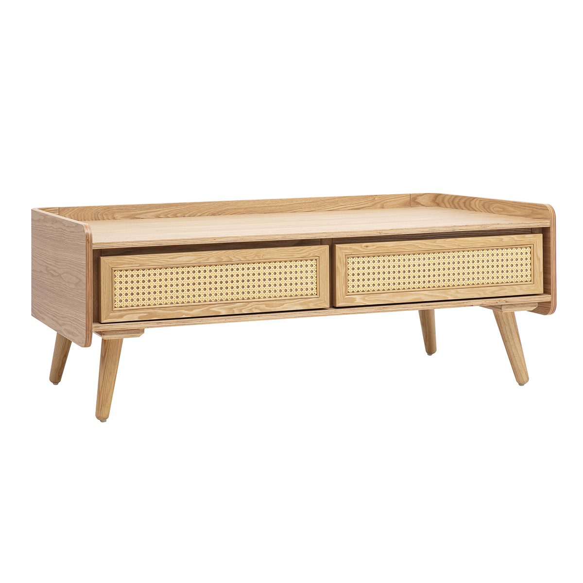 Table basse avec rangements en bois clair frêne et cannage rotin L120 cm ELSY couleur unique, MILIBOO