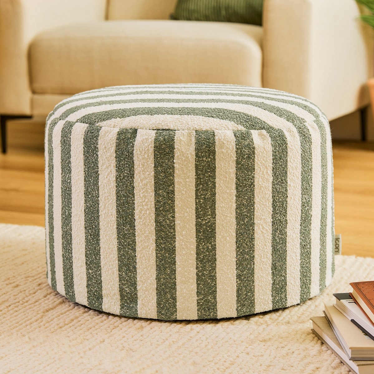 Pouf repose-pied rond en bouclette rayée Oeko-Tex® - MILANO vert olive, ICON