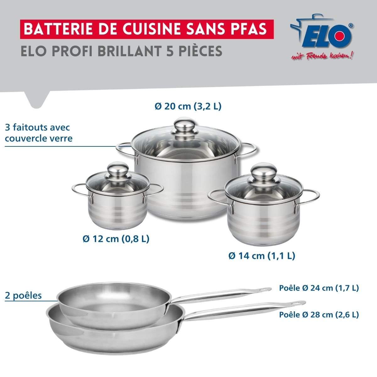 Batterie 2 poêles 24/28cm + 3 faitouts 12/14/20cm PROFI BRILLANT gris, ELO