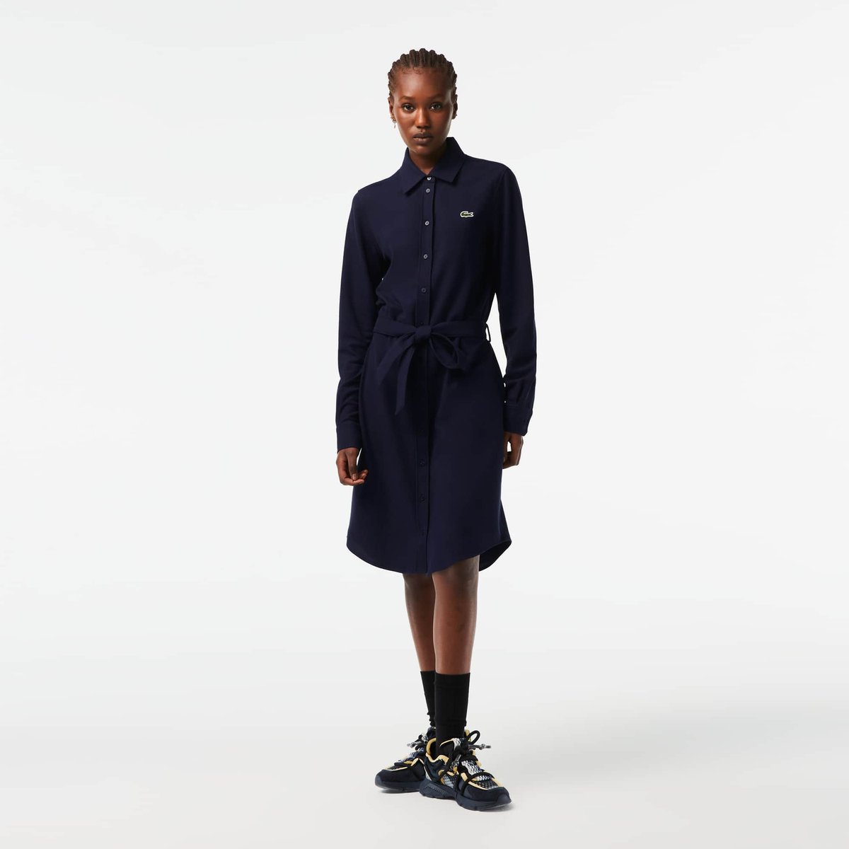 Robe polo avec taille ajustable en piqué de coton bleu-166, LACOSTE